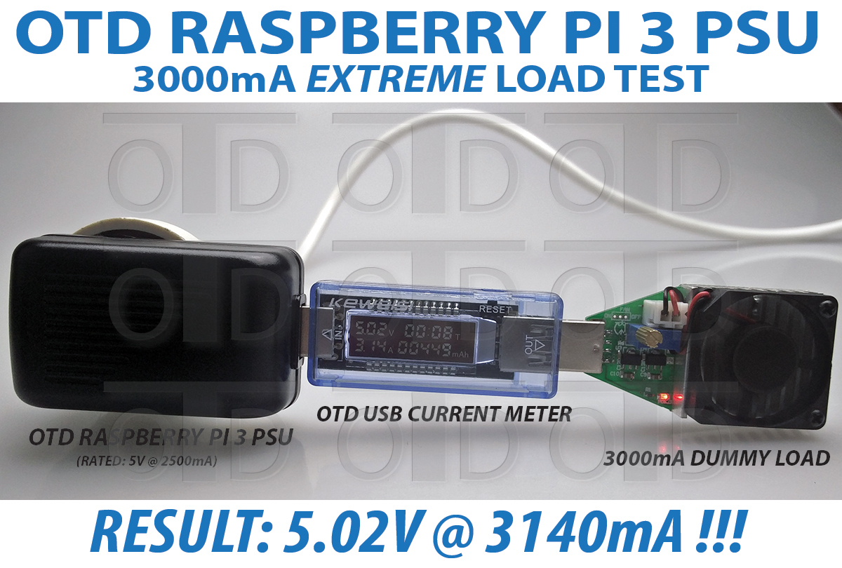 OTD Raspberry Pi Power Supply with USB Switch Cable 3000mA Load test